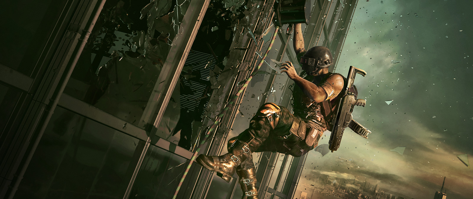 Character repelling down, breaking into a side of a building through a window