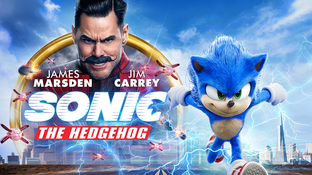 Sonic the Hedgehog with James Marsden and Jim Carrey. Sonic runs away from rockets in front of a cityscape.