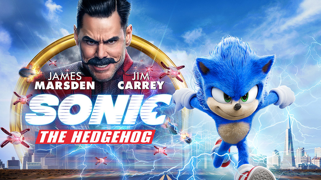 Sonic, le film avec James Marsden et Jim Carrey. Sonic fuit des fusées devant un paysage urbain.