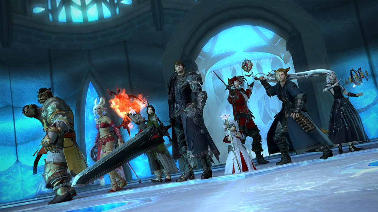 A group of eight various characters pose together before a fight.