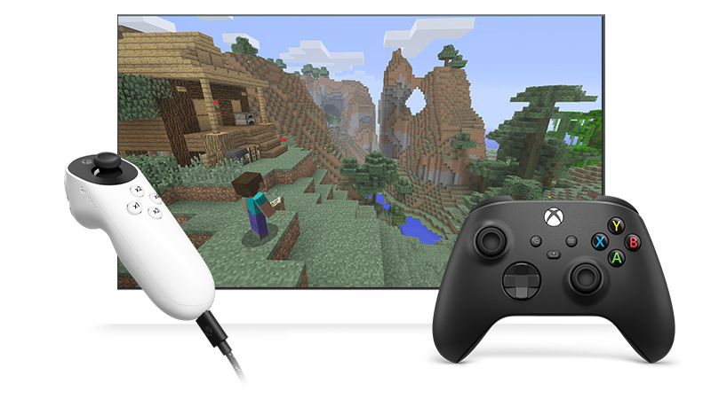 Två kontroller, en Xbox trådlös handkontroll och en Xbox Adaptive Joystick som kopplas ihop med Xbox Controller Assist för att spela Minecraft.