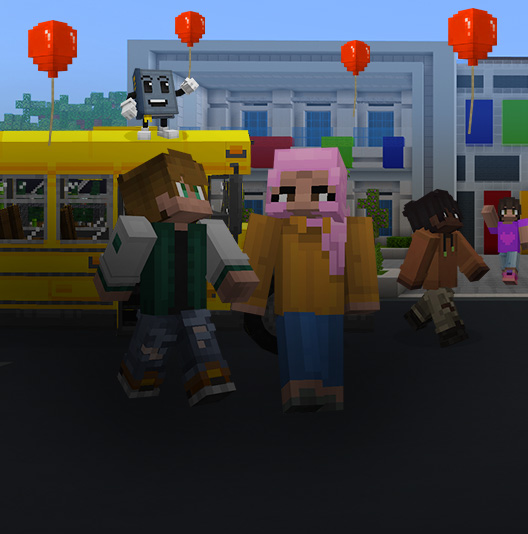 Minecraft students outside a school with balloons