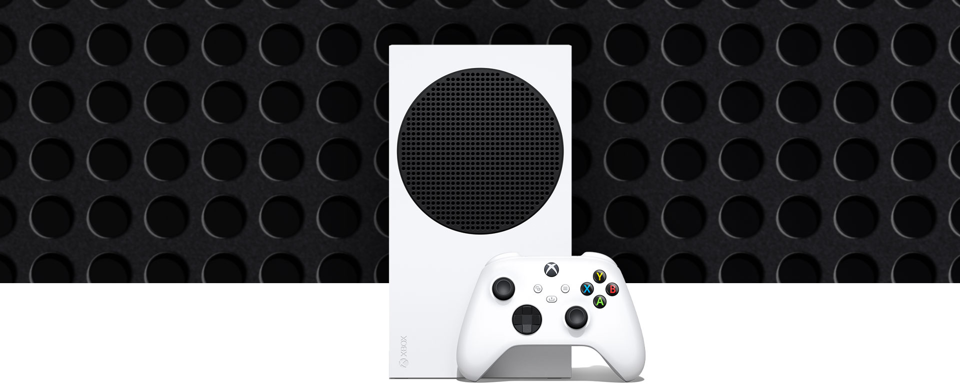 Vertikal Xbox Series S med en robothvit trådløs Xbox-kontroller