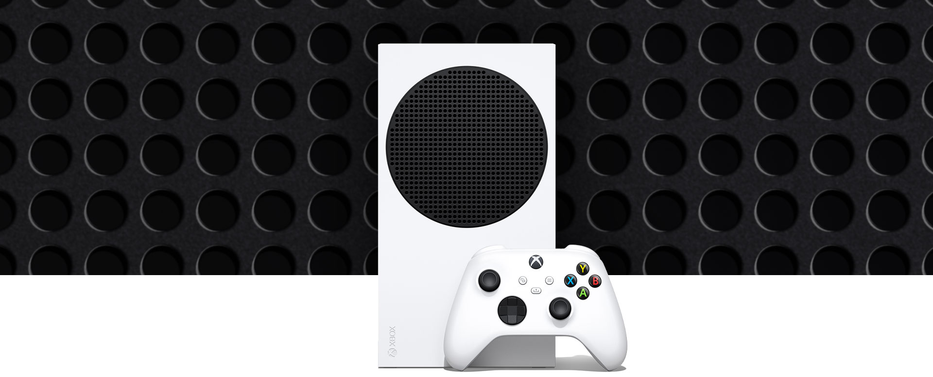 Vertikale Xbox Series S mit einem Xbox Wireless Controller Robot White