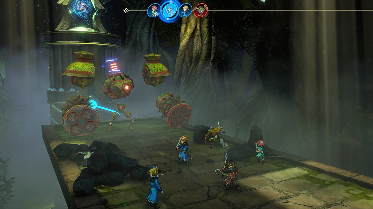 Five characters work together in battle to fight a giant green robot.