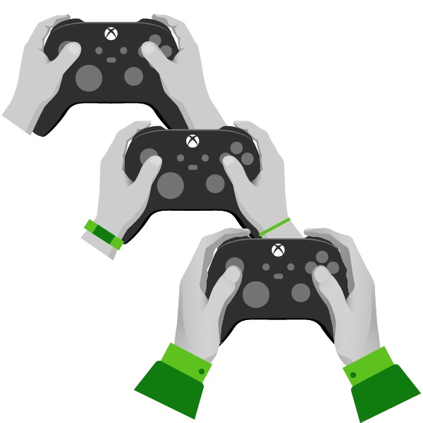 trois paires de mains d’âge différent tenant des manettes xbox