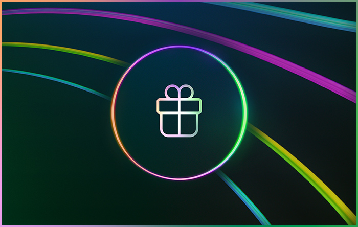 Ein Geschenkbox-Symbol in einem leuchtenden Neonkreis.