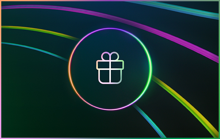 A gift box icon in a glowing neon circle.