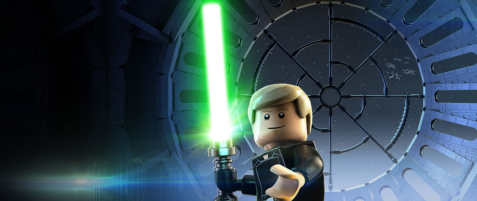 Luke Skywalker brandit son sabre laser sur le poste d’observation de l’Étoile de la mort.