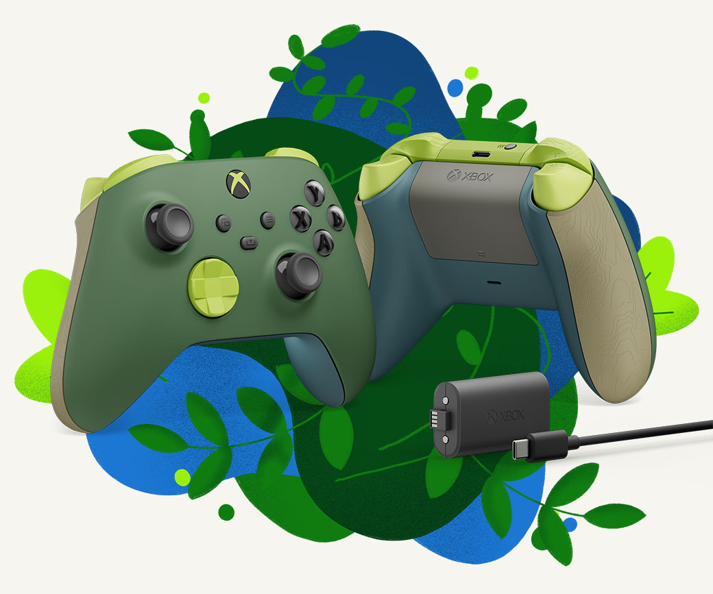 Vues avant et arrière de la manette sans fil Xbox – Édition spéciale Remix avec le pack de batterie rechargeable Xbox.  