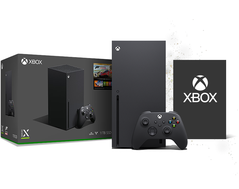 ângulo esquerdo da Xbox Series X com um comando sem fios Xbox com uma foto da caixa do Xbox Game
