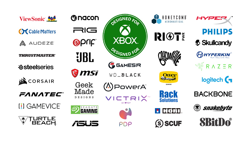 Numerous logos of companies that Xbox has partnered with to create accessories.