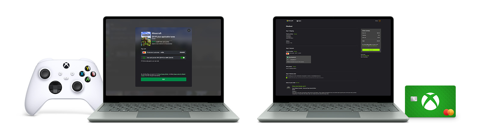 Xbox.com buy now screen and xbox.com cart screen showing the option to buy with Xbox Mastercard points