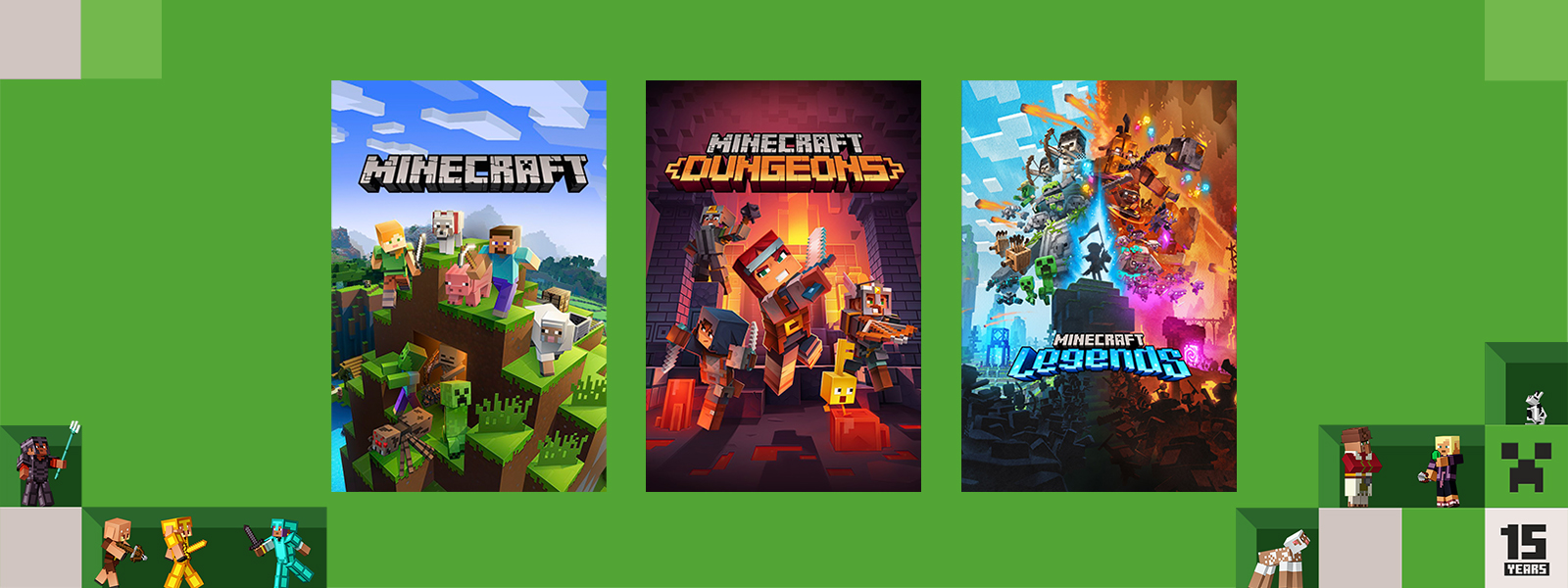 15 years, Small Minecraft characters under box art from games included in the Minecraft Anniversary Sale, including Minecraft, Minecraft Dungeons, and Minecraft Legends.