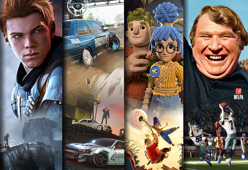 Personage-illustraties uit EA-games, waaronder Star Wars Jedi: Fallen Order, Need for Speed Unbound, It Takes Two en Madden NFL 23