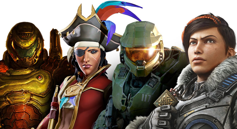 A line-up of characters featured in games on Xbox Game Pass. From left to right: DOOM Eternal, Sea of Thieves, Halo: Infinite, and Gears 5