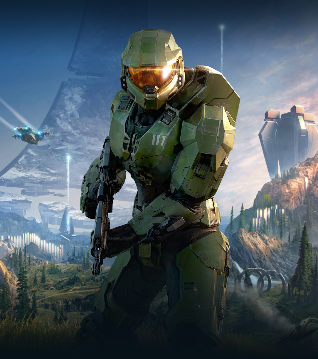 Halo Infinite, animace, kde se Master Chief dívá směrem k bujnému údolí a za ním je rozbitý prstenec Halo