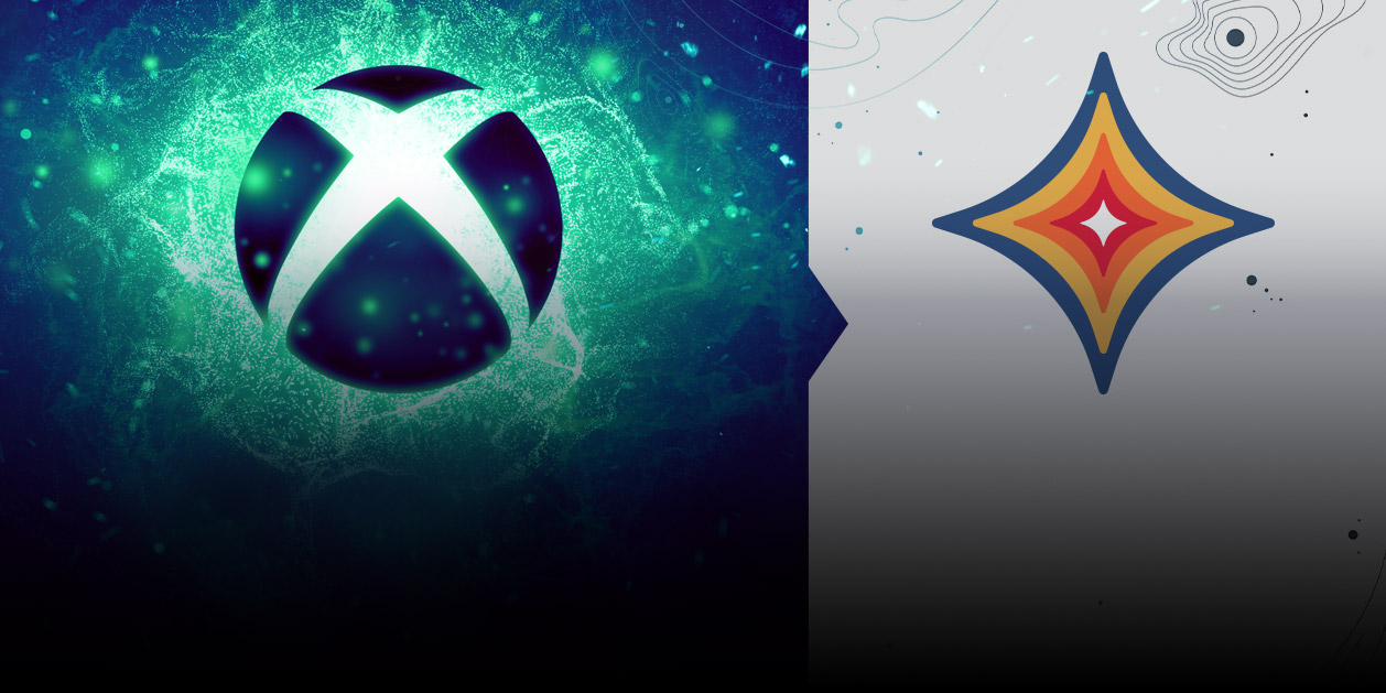 Xbox Logo and Starfield Icon sitting on top of space exploration themed background.