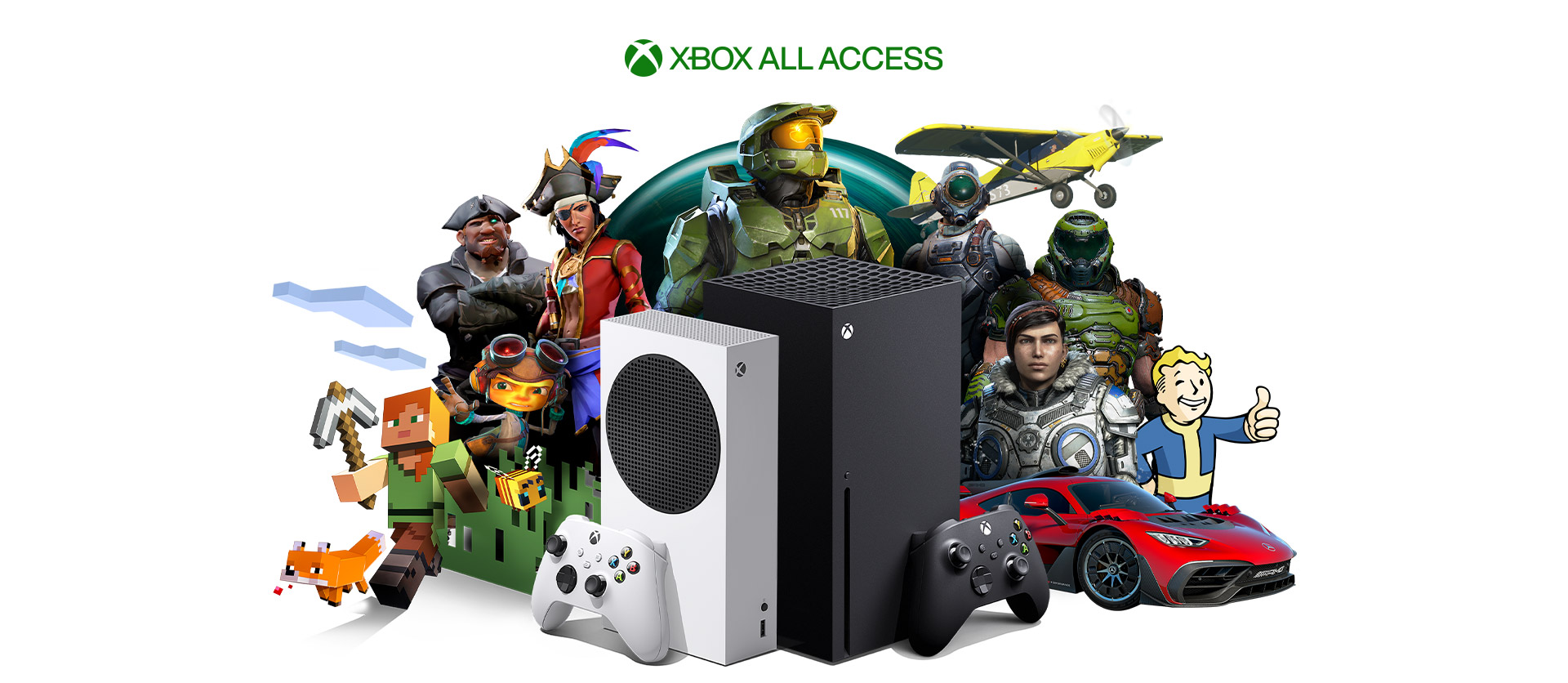 Xbox All Access, console Xbox Series X e Xbox Series S e alcuni personaggi di giochi per Xbox