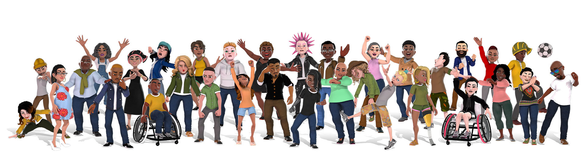 Avatares de Xbox que muestran a un grupo diverso de personas con diferentes trajes
