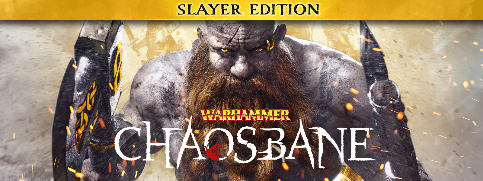 《Warhammer: Chaosbane, Slayer Edition》，一个留着胡子的男人大步穿过火焰，两只手都拿着一把斧头。