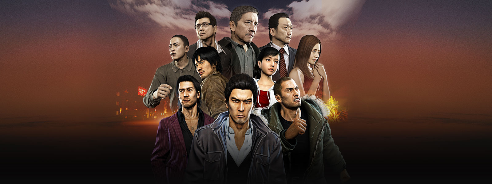 Kazuma Kiryu staat voor een collage van personages uit de Tojo-clan en Omi Alliance met een mistig stadsbeeld op de achtergrond