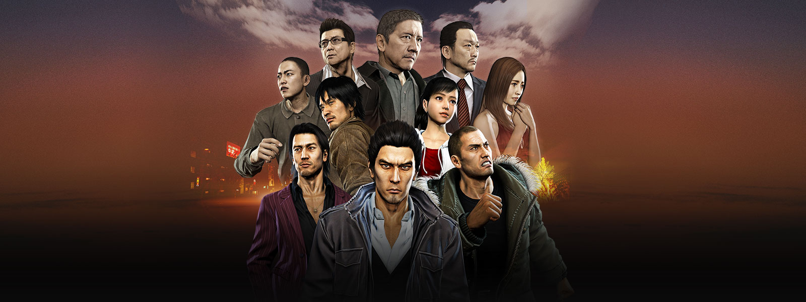 Kazuma Kiryu em frente a uma colagem de personagens do Clã Tojo e da Aliança Omi sobre uma cena da cidade sob neblina