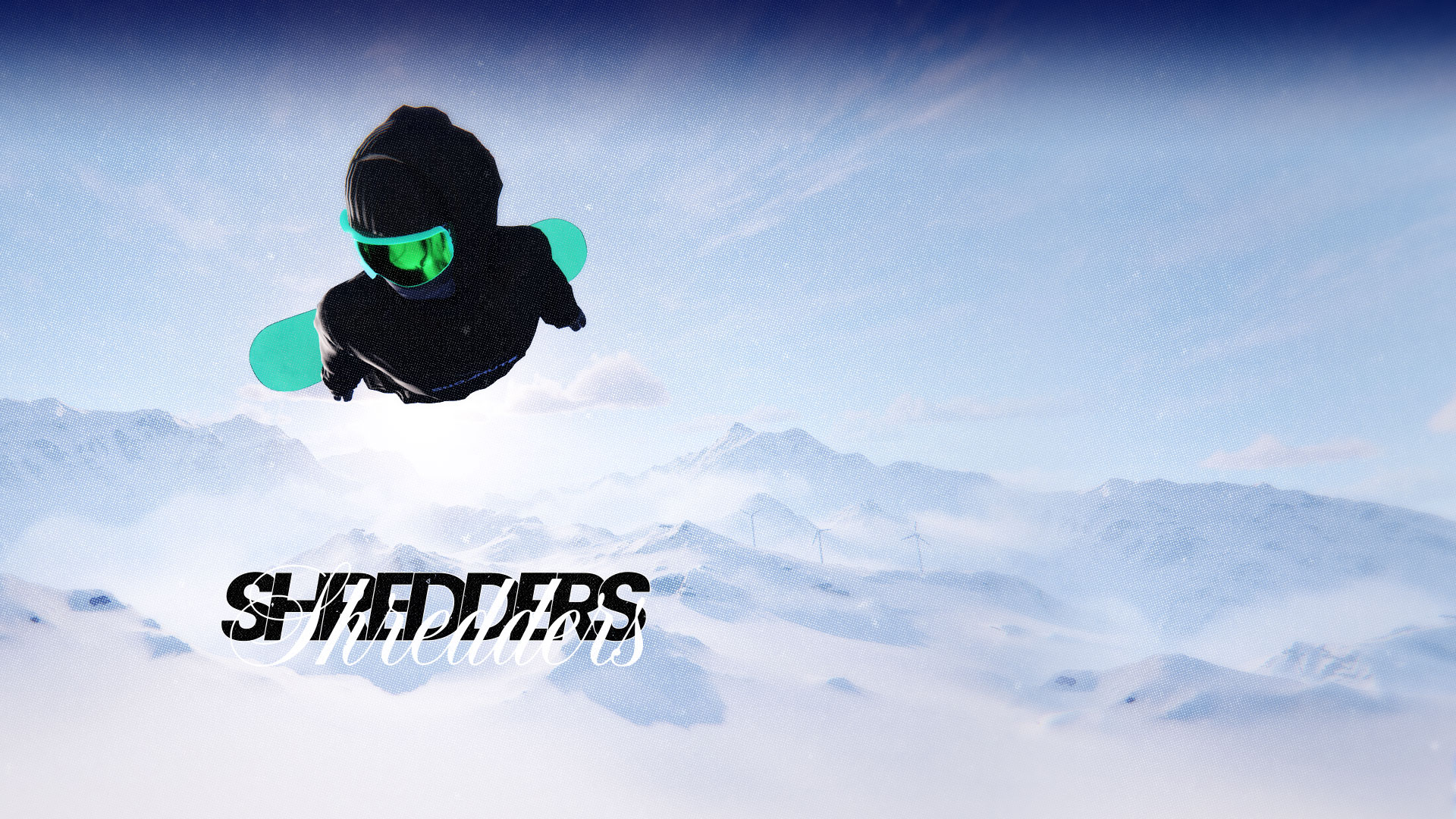 A snowboarder with their hands at their sides flies through the air with mountains in the background.