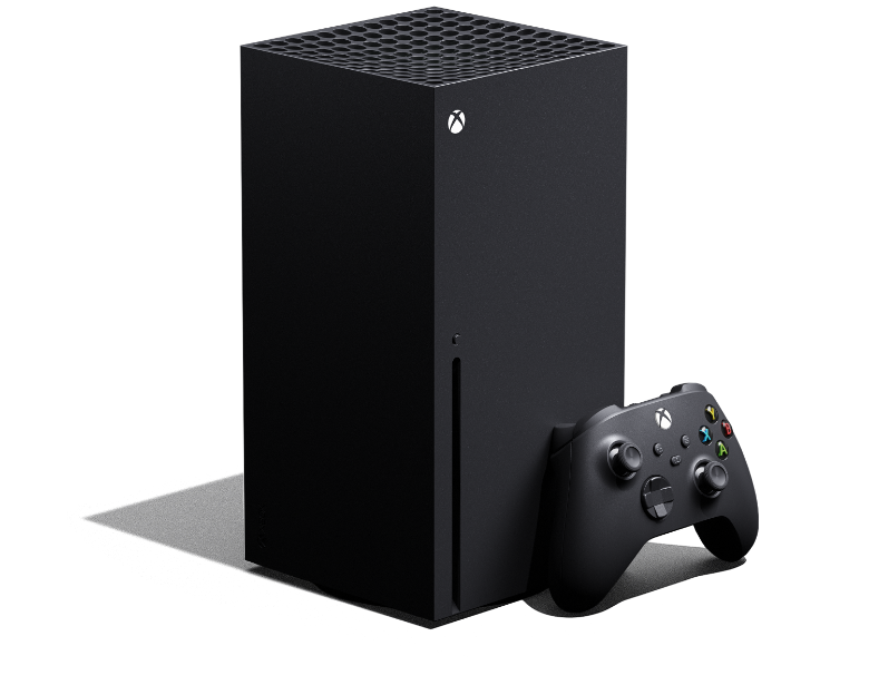 Thumbnail image: Left angle of the Xbox Series X with an Xbox wireless controller