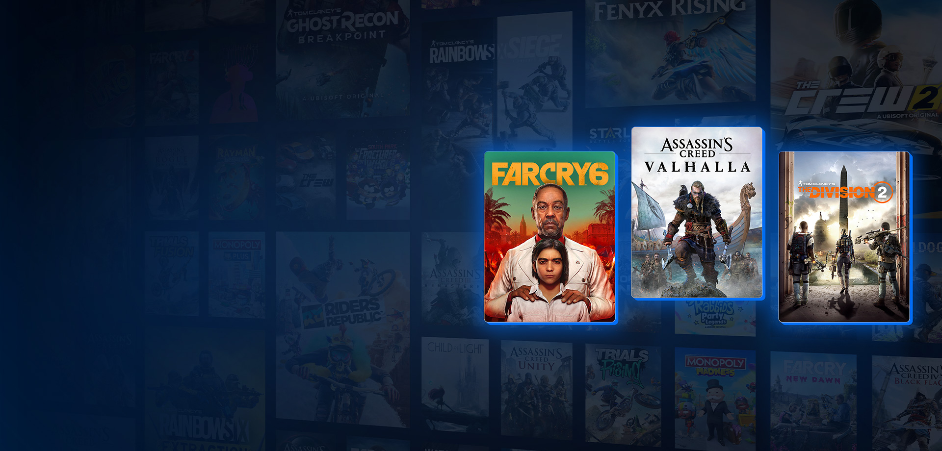 Carátula de varios títulos de Ubisoft, entre los que se incluyen Far Cry 6, Assassin’s Creed Valhalla y Tom Clancy’s The Division 2.