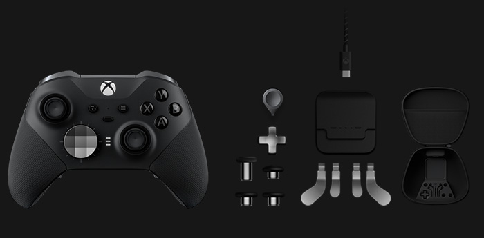 Bezprzewodowy kontroler Xbox Elite Series 2 ze wszystkimi elementami wchodzącymi w skład zestawu: wymiennymi drążkami, klasycznym padem kierunkowym, narzędziem do regulacji drążków, bazą ładującą, kablem USB-C, zestawem łopatek i futerałem.