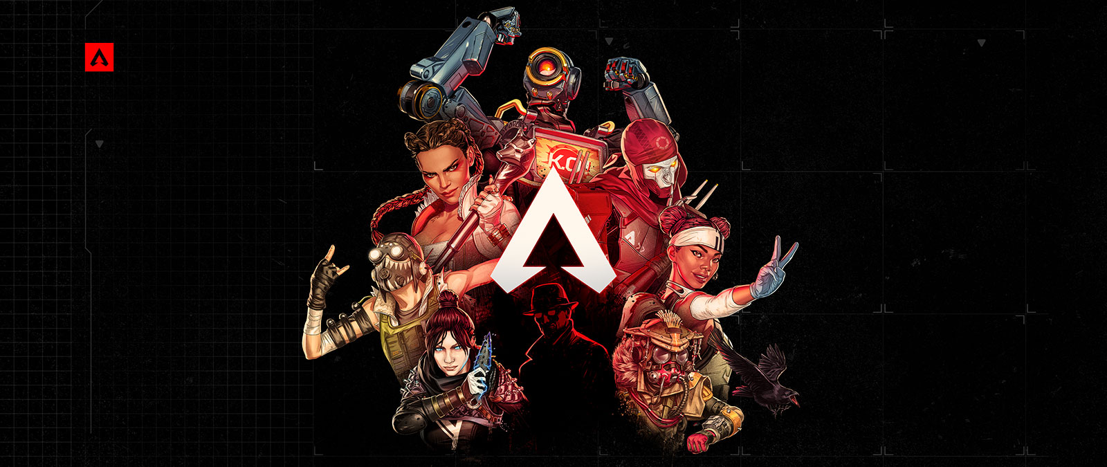 Een verzameling Apex Legends-personages poseert zelfverzekerd rond het logo van de game.