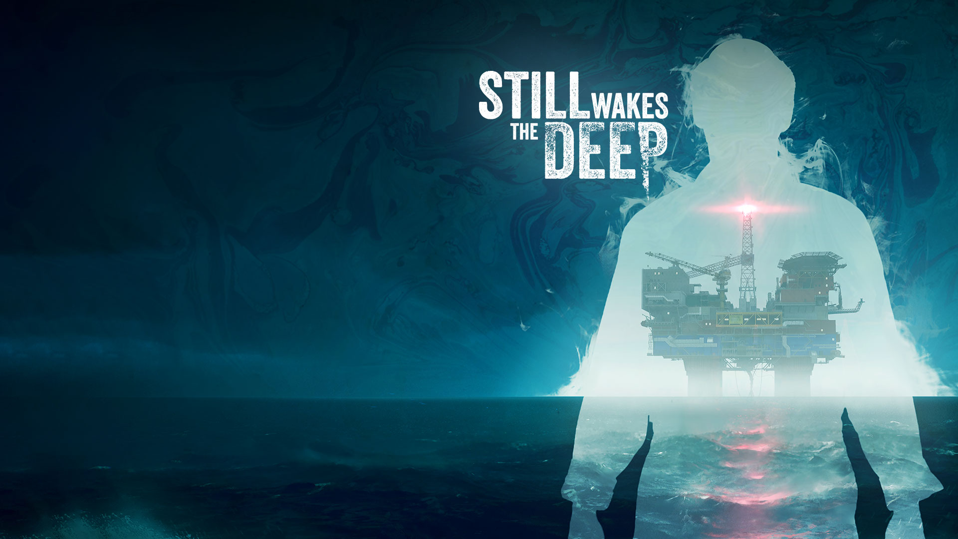 Still Wakes the Deep, Bir Petrol Kulesini çevreleyen çalkantılı okyanus silüetinin üzerine düşen soluk bir gölge.