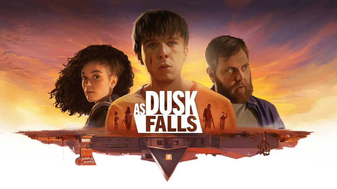 As Dusk Falls 로고, 캐릭터 세 명의 초상화가 물에 비친 모텔의 형상 위에 걸려 있습니다.
