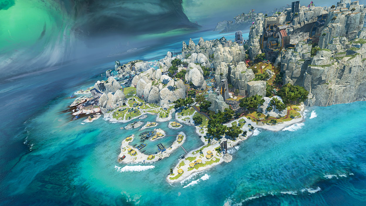 Uma ilha com um assentamento espalhado por toda a terra