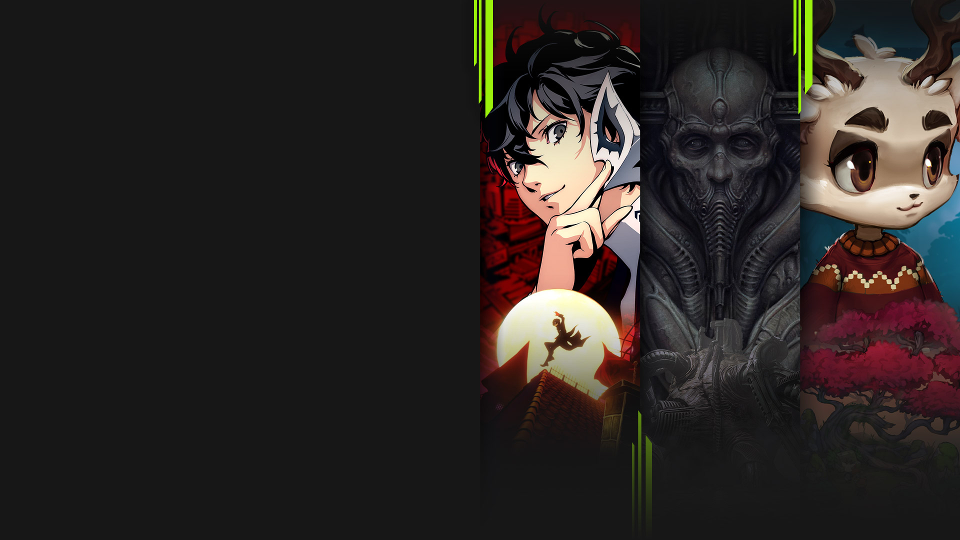 Game art from multiple games available now with Xbox Game Pass including Persona 5 Royal, Scorn, Beacon Pines, and Immortals Fenyx Rising.
