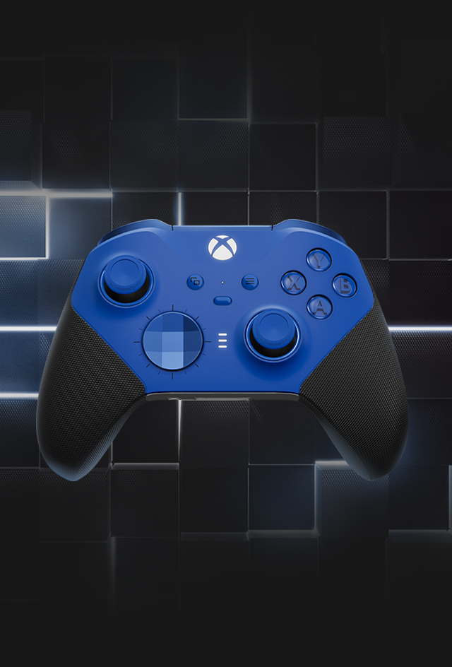 Ένα μπλε ασύρματο χειριστήριο Xbox Elite – Series 2 μπροστά από ένα φωτεινό μοτίβο νέον κύβων.