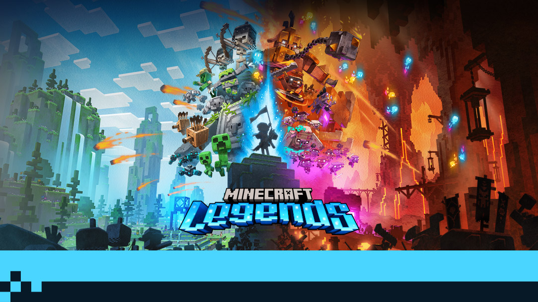 Minecraft Legends, 오버월드 및 Nether가 두 세계의 몹들과 싸울 준비를 하며 대립하고 그 가운데에는 영웅의 그림자가 서 있는 모습.