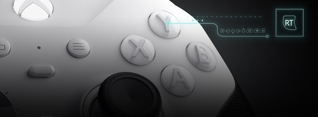 A close up of the ABXY buttons of the Xbox Elite Wireless Controller Series 2, with a visual indicator of reassigning buttons with the Xbox Accessories app.