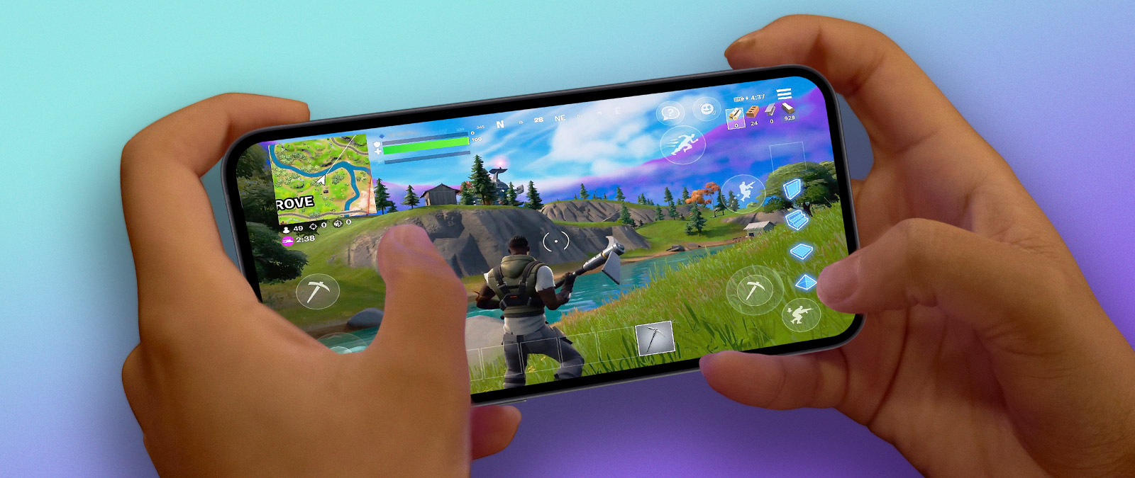 A person plays Fortnite on a smart phone, using touch controls.
