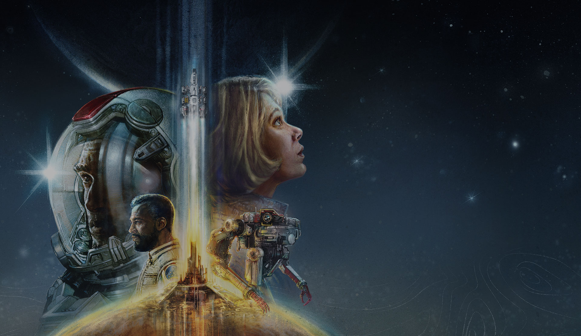 Starfield. Four characters superimposed facing to the left and right side with a rocket ship taking off in the middle with a space background.