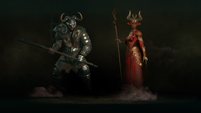 Dos personajes de Diablo IV que posan con armadura y lanzas.