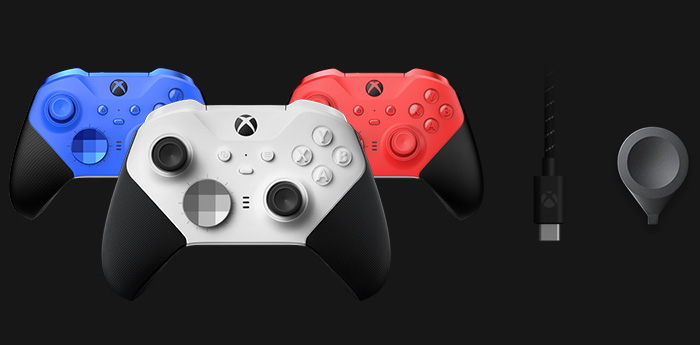 Manette sans fil Xbox Elite Series 2 - Core avec tous ses composants inclus : câble USB-C et outil de réglage des joysticks.