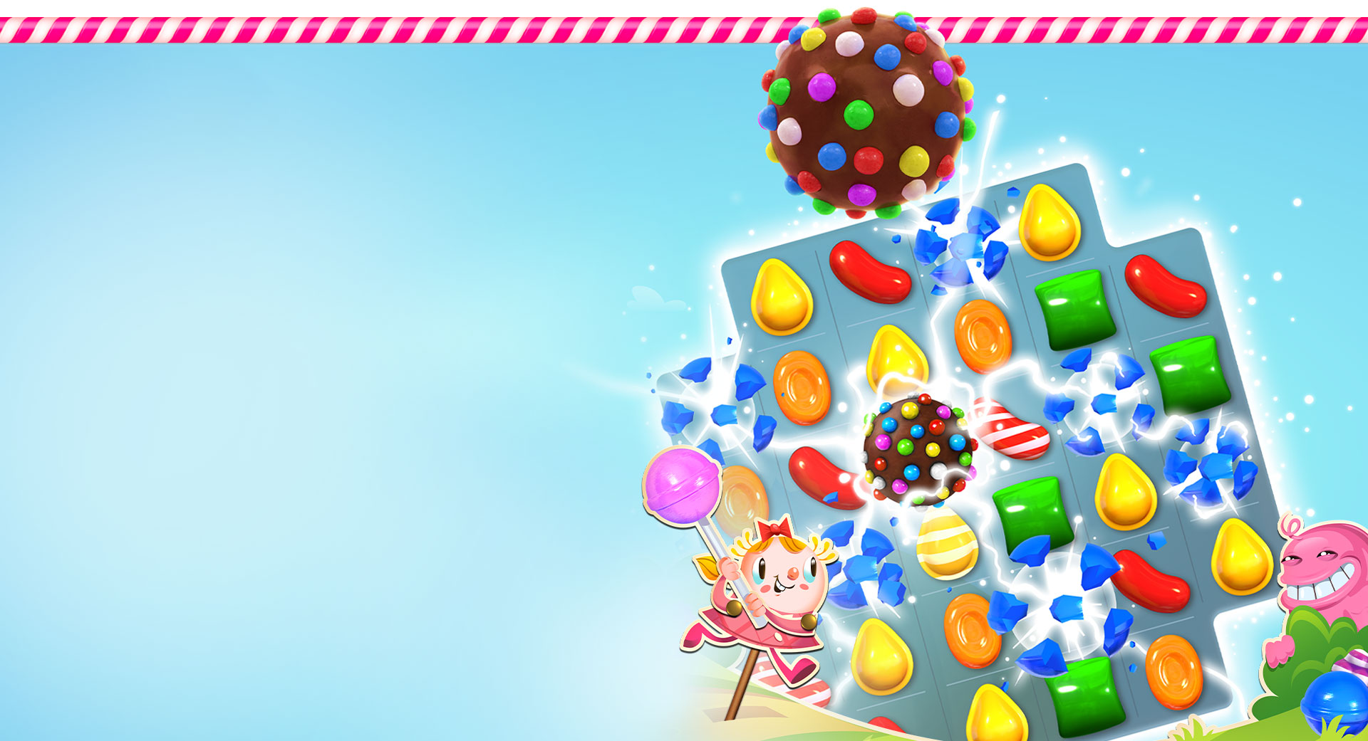 彩色炸彈使 Candy Crush 地圖上的所有藍色糖果炸裂，而 Tiffi 和 Bubblegum Troll 在前方嬉戲。