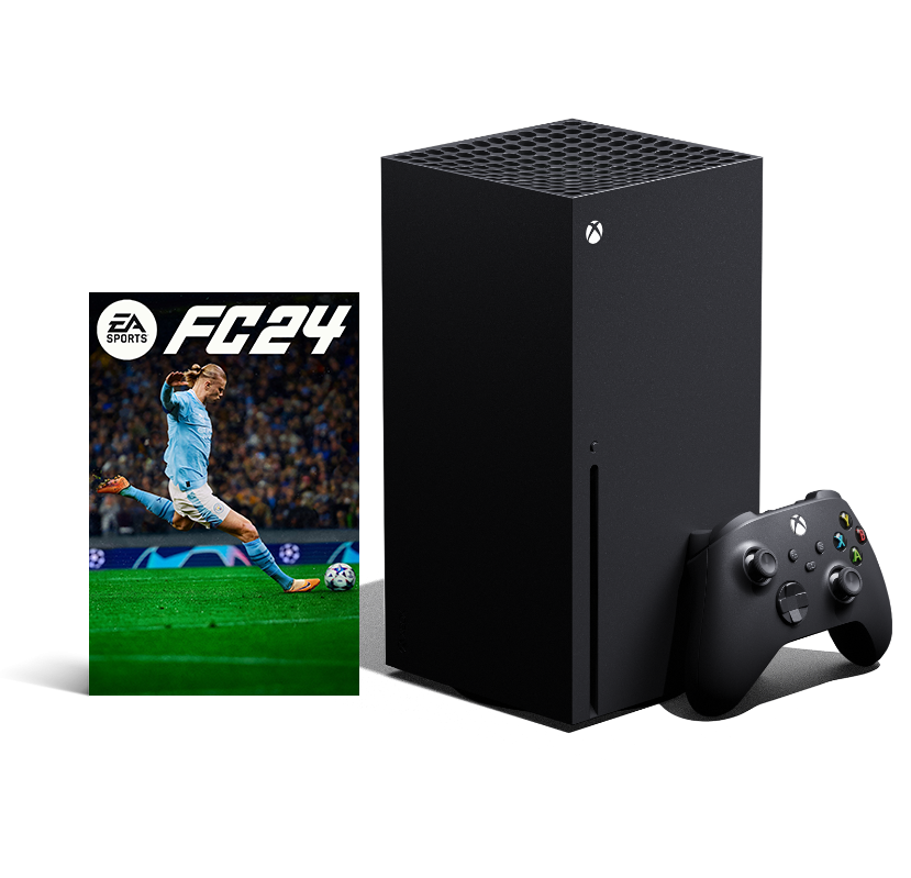 Konsola Xbox Series X widziana od lewej strony z kontrolerem bezprzewodowym Xbox oraz zdjęciem pudełka gry EA Sports FC 24