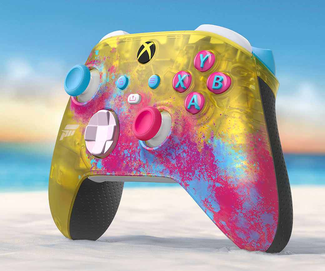Right angle of the Xbox Wireless Controller Forza Horizon 5 on the beach in the sand