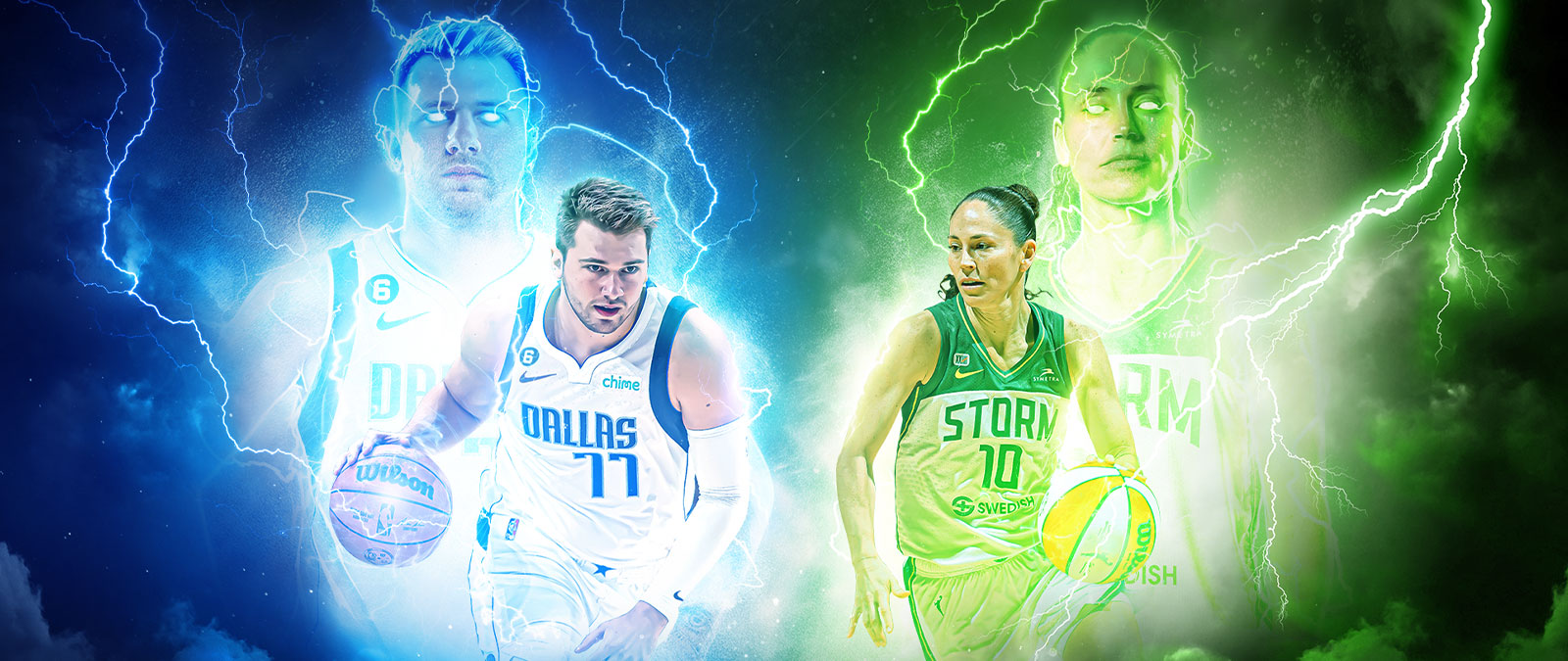 Luka Dončić et Sue Bird en train de dribbler, entourés d’éclairs bleus et verts.
