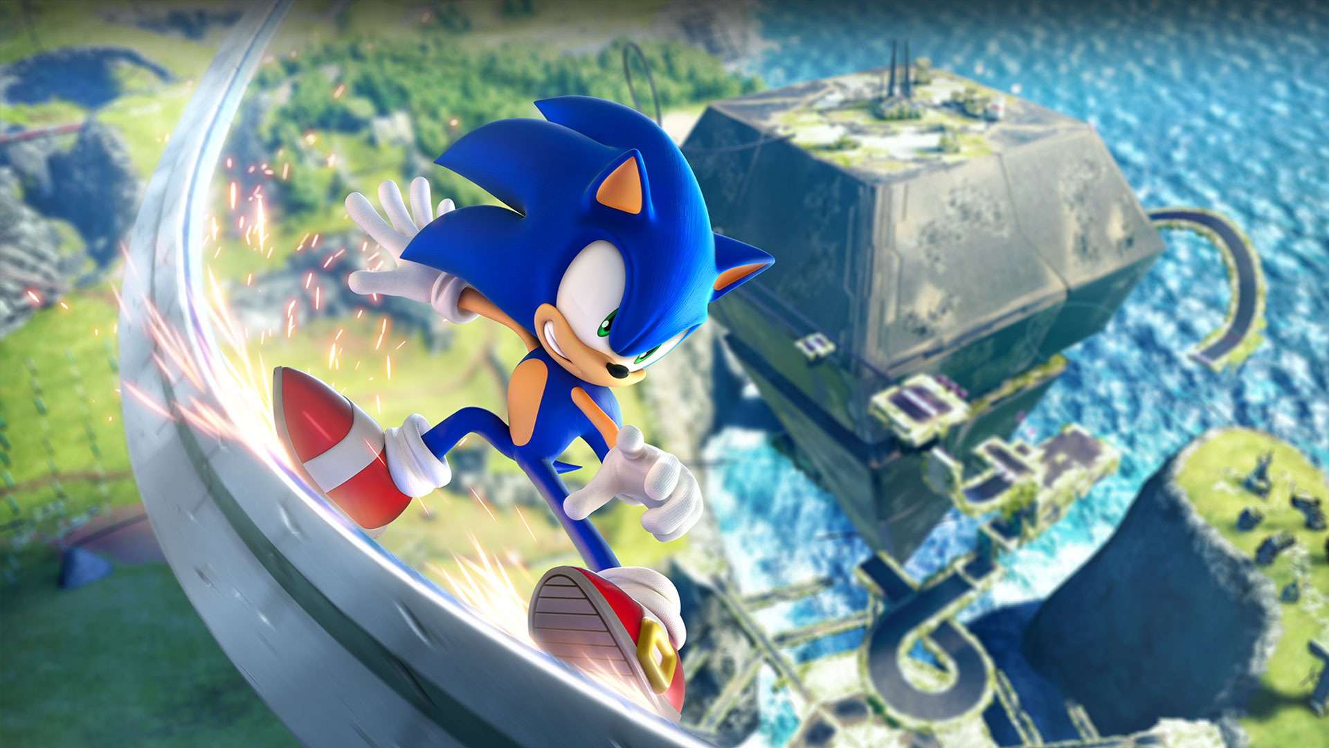 Sonic sfreccia ad alta velocità su una rotaia situata in alto sopra la zona verde.