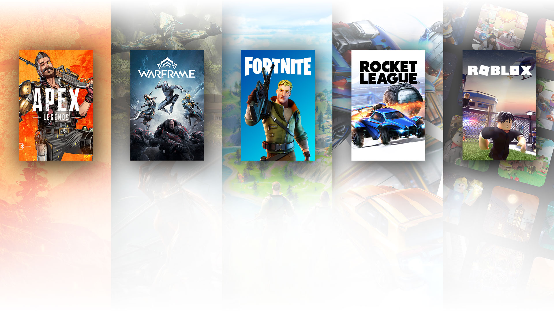 Boxshots und Hintergründe von Apex Legends, Warframe, Fortnite, Rocket League und Roblox