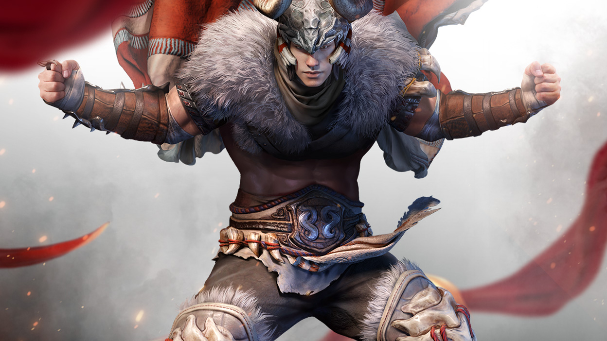 Um guerreiro com uma capa forrada de pele faz uma pose feroz.